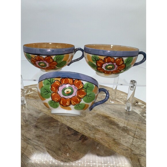 3 Vintage Hand Painted Lusterware Orange Gold Blue Floral Teacup Japanese READ - Picture 1 of 16
